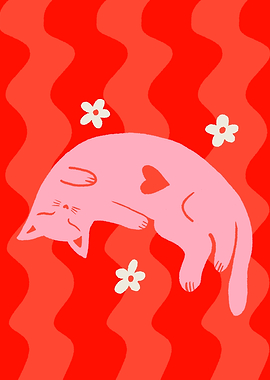 Pink Cat on Red Waves
