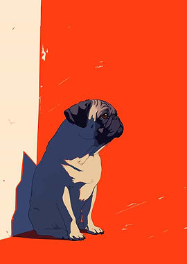 Sad Pug Sitting on Red Background Minimalist Art