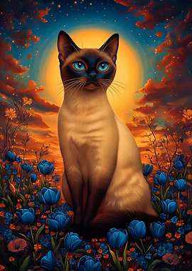 Siamese Cat in a Field of Flowers