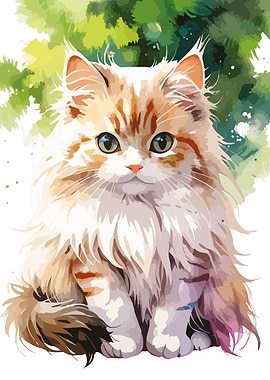 Cute Fluffy Cat Watercolor