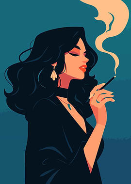 Woman Smoking in Blue Minimalist Art