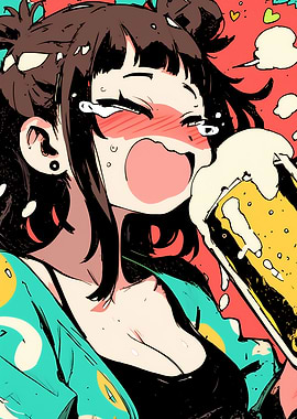 Anime Girl Drinking Beer
