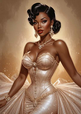 Elegant Black Pin-Up in Golden Gown