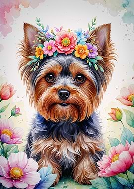 Cute Yorkshire with Floral Crown Watercolor