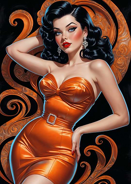 Brunette Pin-up in Orange Dress