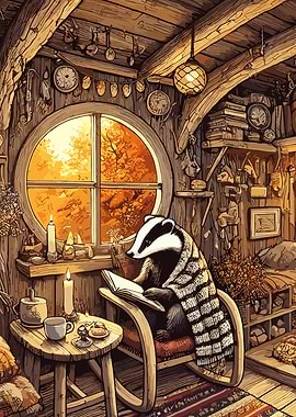 Cozy Badger Reading by the Window