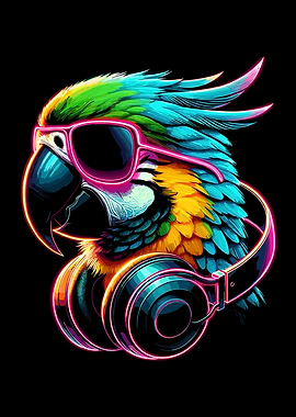 Neon Parrot with Headphones