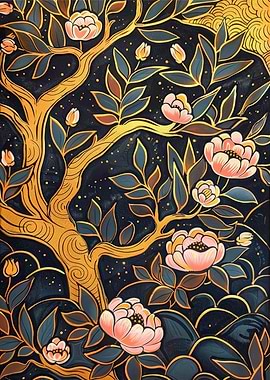 Golden Tree with Pink Flowers