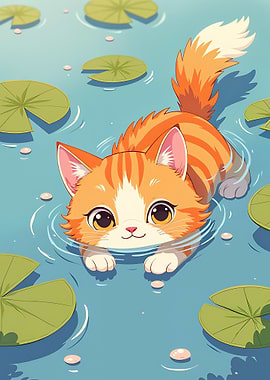 Cute white tabby cat swimming in a pond