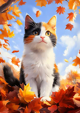 Calico Cat in Autumn Leaves