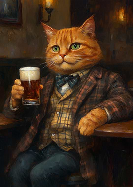 Orange Tabby Cat in a Pub Holding a Beer