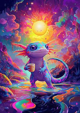 Colorful Axolotl with Coffee