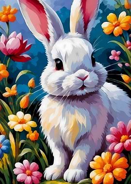 Adorable White Bunny Surrounded by Vibrant Flowers Spring Painting