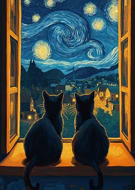 Starry Night Cats Van Gogh