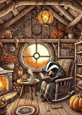 Cottagecore Badger Reading a Book