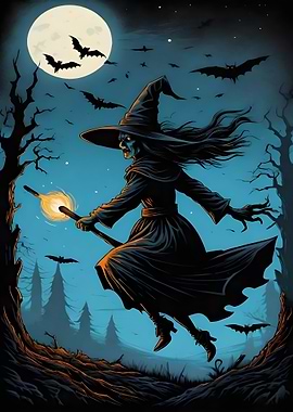 Witch Flying on Broom