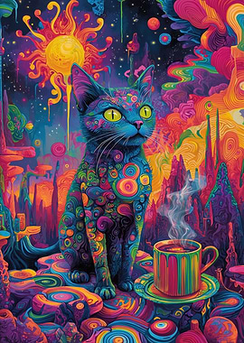 Psychedelic Cat with Coffee