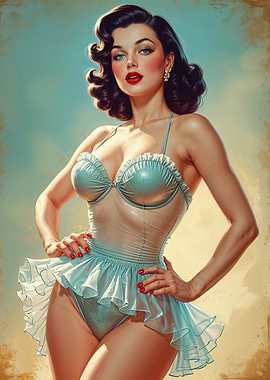Brunette Pin-up in Blue Swimsuit