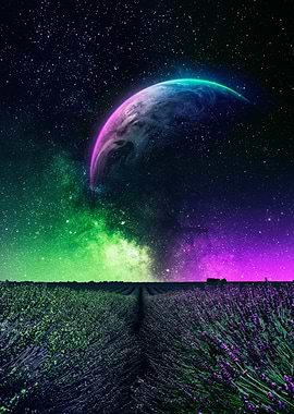 Lavender Field Under a Cosmic Sky