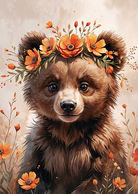 Cute Bear Cub with Flower Crown Watercolor