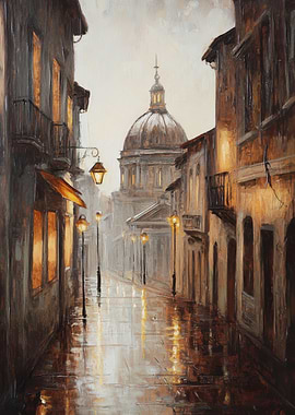 Rainy Cityscape with Dome