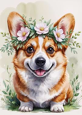 Cute Corgi with Flower Crown Watercolor