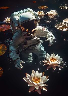 The astronaut drifts among soft ethereal lily pads Poster