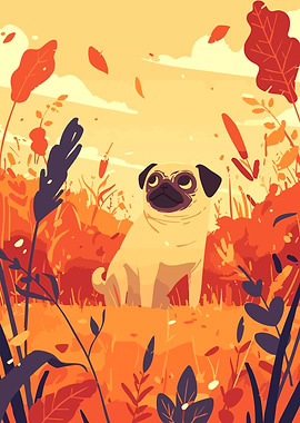 Pug in Autumn Field Minimalist Art