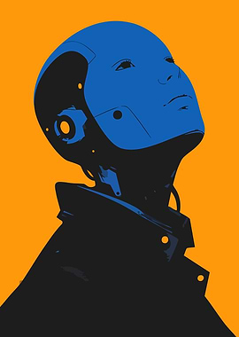 Blue Yellow AI Robot Portrait Minimalist Art