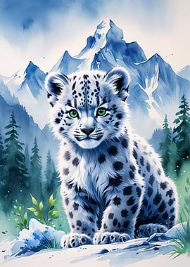 Cute Snow Leopard Cub in Mountains Watercolor