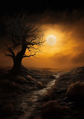 Lonely Tree Under Full Moon