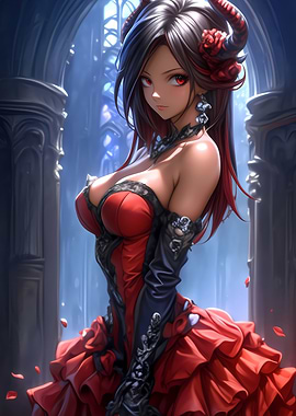 Anime Girl in Red Dress Gaming