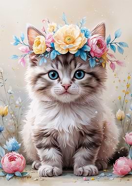 Kitten with Flower Crown Watercolor