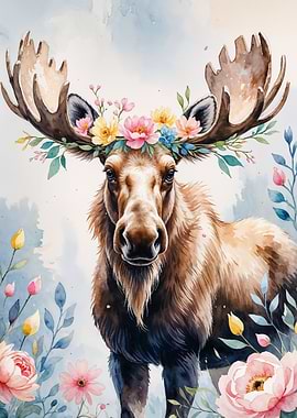 Moose with Floral Crown Watercolor