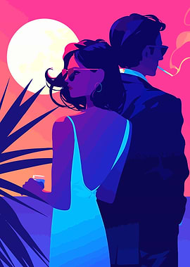 80s Retro Synth Couple Sunset Minimalist Art