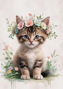Kitten with Flower Crown Watercolor