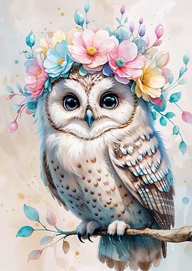 Owl with Flower Crown Watercolor