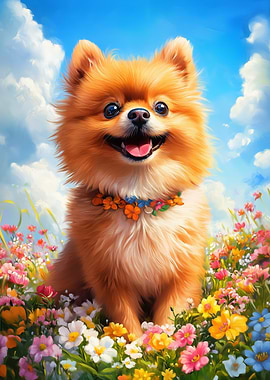 Smiling Pomeranian in Flowers