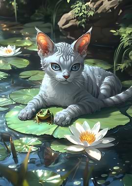 Cornish Rex Cat and Frog on Lily Pad