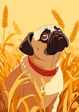 Sweet Pug in Wheat Field Minimalist Art