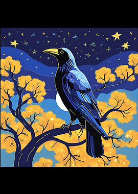 Raven Under Starry Sky