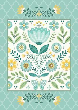 Scandinavian Folk Art Floral Pattern with Butterfly
