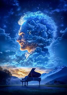 Man in Clouds with Piano
