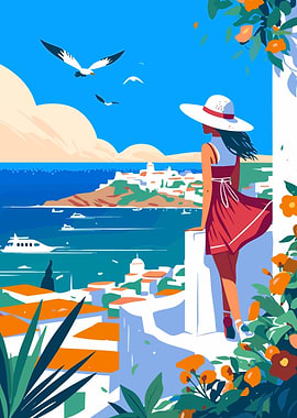 Woman Mediterranean Coastal View Minimalist Art