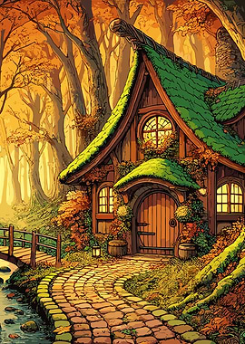 Cozy Cottage in Autumn Forest