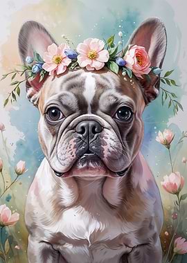 French Bulldog with Flower Crown Watercolor