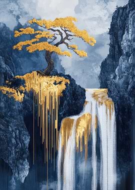 Golden Waterfall Kintsugi Landscape