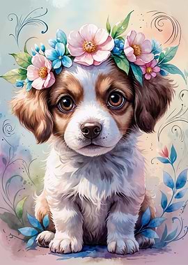 Puppy with Flower Crown Watercolor