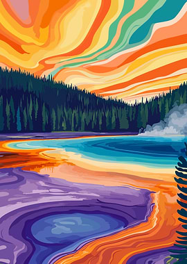 Colorful Geyser Sunset Landscape Minimalist Art