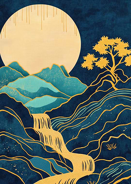 Golden Waterfall Minimalist Landscape